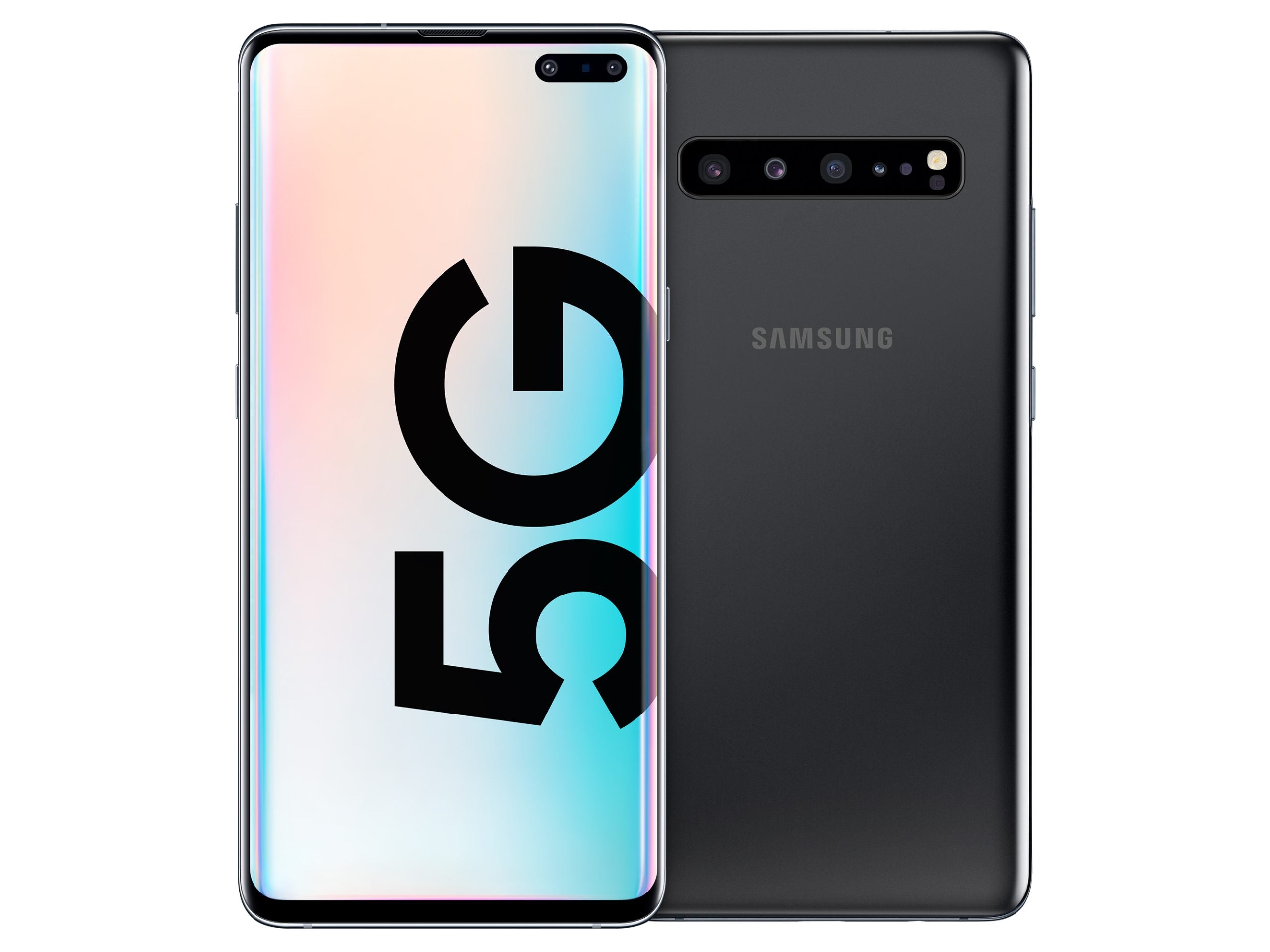 Samsung Galaxy S10 5G smartphone showing the front with the screen on and the back of the phone, indicating 5G connectivity.
